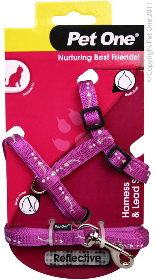 Pet One Harness & Lead Set for Cat & Kitten Reflective and Adjustable 10mm x 15-22.5cm Purple